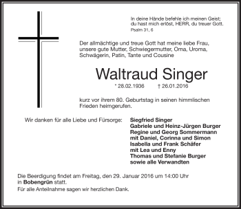 Traueranzeige von Waltraud Singer von Frankenpost