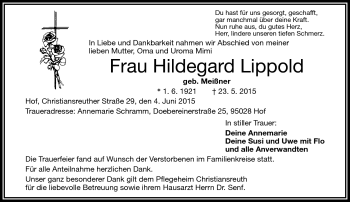 Traueranzeige von Hildegard Lippold von Frankenpost