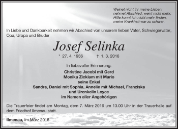 Traueranzeige von Josef Selinka von Südthüringer Presse