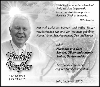 Traueranzeige von Rudolf Preßler von Südthüringer Presse
