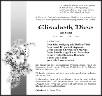 Traueranzeige von Elisabeth Diez von Südthüringer Presse