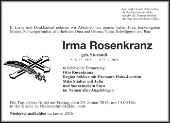 Traueranzeige von Irma Rosenkranz von Südthüringer Presse