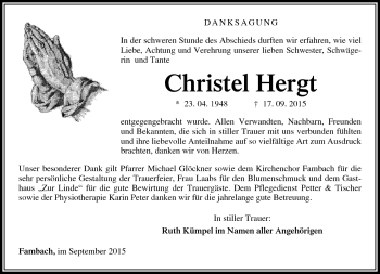 Traueranzeige von Christel Hergt von Südthüringer Presse
