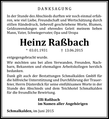Traueranzeige von heinz Raßbach von Südthüringer Presse