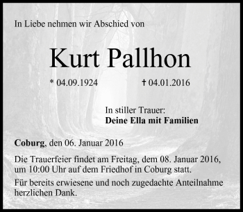 Traueranzeige von Kurt Pallhon von Neue Presse Coburg