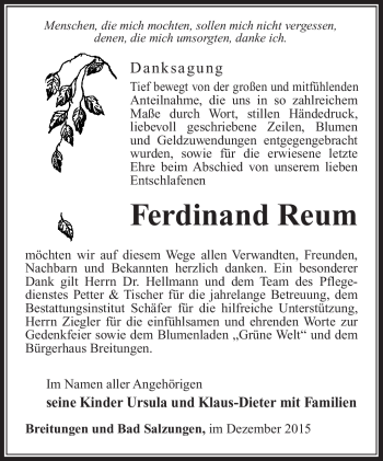 Traueranzeige von Ferdinand Reum von Südthüringer Presse