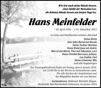 Traueranzeige von Hans Meinfelder von Südthüringer Presse
