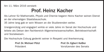 Traueranzeige von Heinz Kacher von Neue Presse Coburg