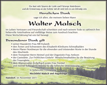 Traueranzeige von Walter Malsch von Südthüringer Presse