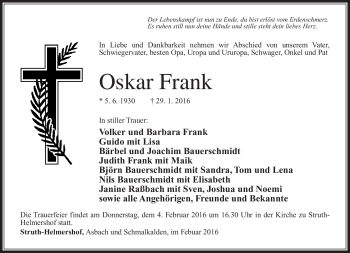 Traueranzeige von Oskar Frank von Südthüringer Presse