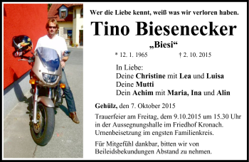 Traueranzeige von Tino Biesenecker von Neue Presse Coburg