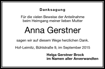 Traueranzeige von Anna Gerstner von Frankenpost