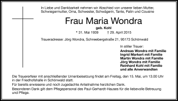 Traueranzeige von Maria Wondra von Frankenpost