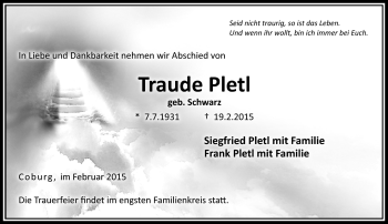Traueranzeige von Traude Pletl von Neue Presse Coburg