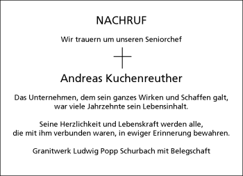 Traueranzeige von Andreas Kuchenreuther von Frankenpost