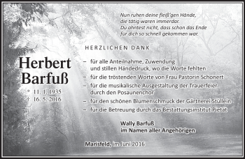 Traueranzeige von herbert Barfuß von Südthüringer Presse