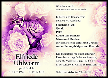Traueranzeige von Elfriede Uhlworm von Südthüringer Presse