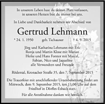 Traueranzeige von Gertrud Lehmann von Neue Presse Coburg