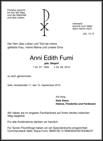 Traueranzeige von Anni Edith Fumi von Frankenpost