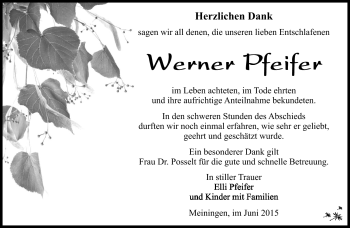 Traueranzeige von Werner Pfeifer von Südthüringer Presse