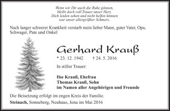 Traueranzeige von Gerhard Krauß von Südthüringer Presse