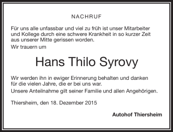 Traueranzeige von Hans Thilo Syrovy von Frankenpost