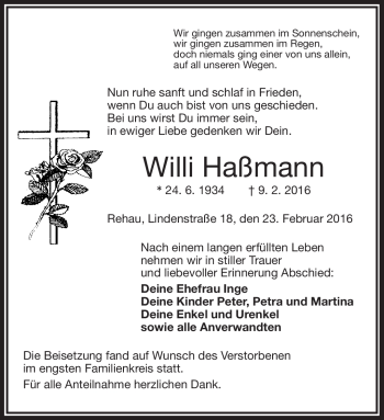 Traueranzeige von Willi Haßmann von Frankenpost