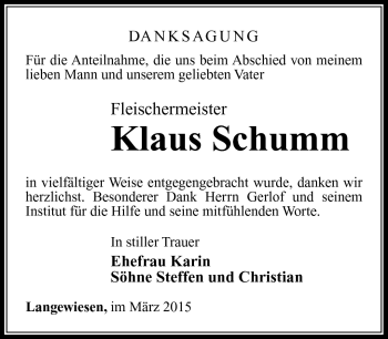 Traueranzeige von Klaus Schumm von Südthüringer Presse