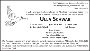 Traueranzeige von Ulla Schwab von Frankenpost