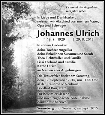 Traueranzeige von Johannes Ulrich von Südthüringer Presse