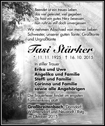 Traueranzeige von Tasia Stärker von Südthüringer Presse