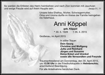 Traueranzeige von Anni Köppel von Frankenpost