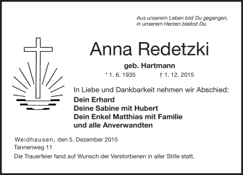 Traueranzeige von Anna Redetzki von Neue Presse Coburg