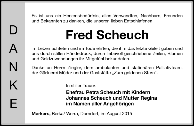  Traueranzeige für Fred Scheuch vom 03.09.2015 aus Südthüringer Presse
