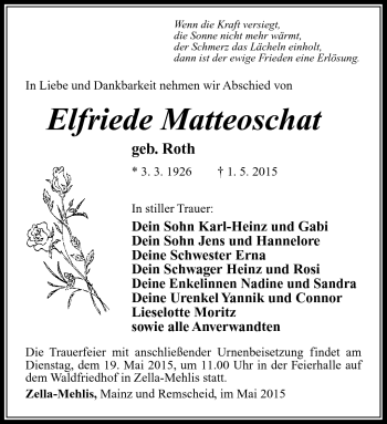 Traueranzeige von Elfriede Matteoschat von Südthüringer Presse