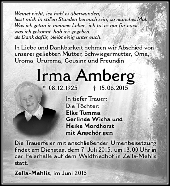 Traueranzeige von Irma Amberg von Südthüringer Presse