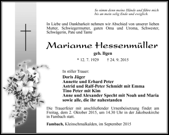 Traueranzeige von Marianne Hessenmüller von Südthüringer Presse