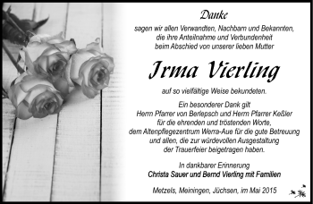 Traueranzeige von Irma Vierling von Südthüringer Presse