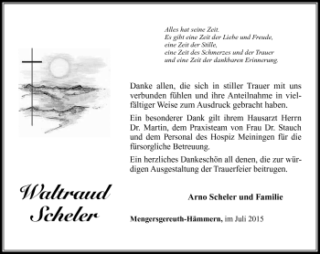 Traueranzeige von Waltraud Scheler von Südthüringer Presse