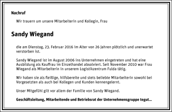 Traueranzeige von Sandy Wiegand von Südthüringer Presse