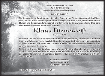Traueranzeige von Klaus Binneweiß von Südthüringer Presse