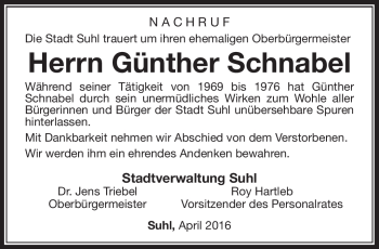 Traueranzeige von Günther Schnabel von Südthüringer Presse