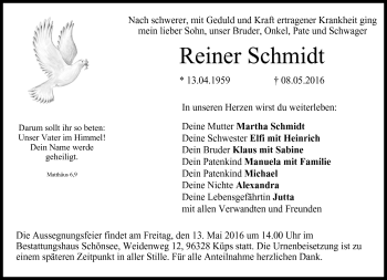 Traueranzeige von Reiner Schmidt von Neue Presse Coburg