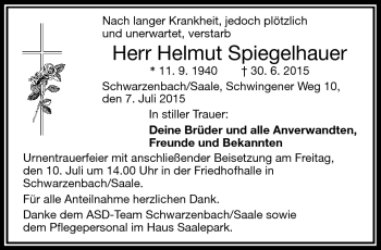 Traueranzeige von Helmut Spiegelhauer von Frankenpost