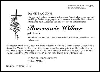Traueranzeige von Rosemarie Willner von Südthüringer Presse