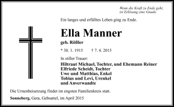 Traueranzeige von Ella Manner von Südthüringer Presse