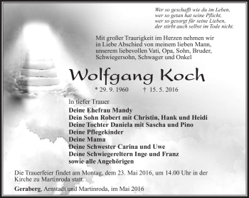 Traueranzeige von Wolfgang Koch von Südthüringer Presse