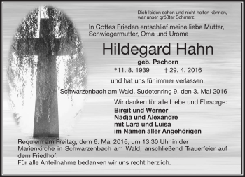 Traueranzeige von Hildegard Hahn von Frankenpost