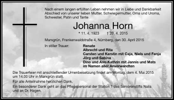 Traueranzeige von Johanna Horn von Frankenpost