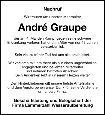 Traueranzeige von Andre Graupe von Südthüringer Presse